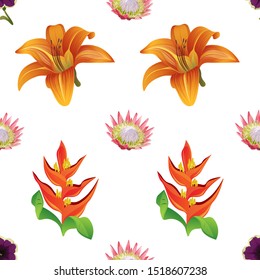 Violet Petunia. Pink Protea. Orange Daylily. Orange Heliconia. Vector illustration. Seamless background pattern. Floral botanical flower. Wild leaf wildflower isolated. Exotic tropical hawaiian.
