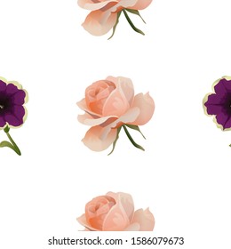 Violet Petunia. Pink Rose. Vector illustration. Seamless background pattern. Floral botanical flower. Wild leaf wildflower isolated. Exotic tropical hawaiian jungle. Fabric wallpaper print texture.