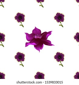 Violet Petunia. Purple Clematis. Vector illustration. Seamless background pattern. Floral botanical flower. Wild leaf wildflower isolated. Exotic tropical hawaiian jungle. Fabric wallpaper print.