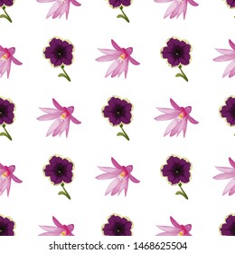 Violet Petunia. Purple Hatiora. Vector illustration. Seamless background pattern. Floral botanical flower. Wild leaf wildflower isolated. Exotic tropical hawaiian jungle. Fabric wallpaper print.