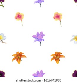 Violet Petunia. Purple Magnolia. White Plumeria. Yellow Hibiscus. Orange Daylily. Vector illustration. Seamless background pattern. Floral botanical flower. Wild leaf wildflower isolated. Exotic.