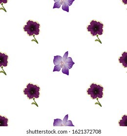 Violet Petunia. Purple orchid. Vector illustration. Seamless background pattern. Floral botanical flower. Wild leaf wildflower isolated. Exotic tropical hawaiian jungle. Fabric wallpaper print.