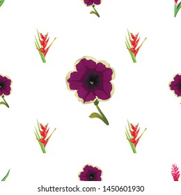 Violet Petunia. Red and Pink Ginger. Red Heliconia Bihai. Vector illustration. 