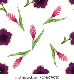 Violet Petunia. Red and Pink Ginger. Vector illustration. Seamless background pattern. Floral botanical flower. Wild leaf wildflower isolated. Exotic tropical hawaiian jungle. Fabric wallpaper print.