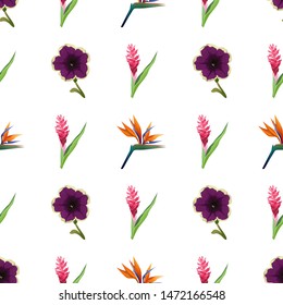 Violet Petunia. Red and Pink Ginger. Orange Strelitzia Reginae. Vector illustration. Seamless background pattern. Floral botanical flower. Wild leaf wildflower isolated. Exotic tropical hawaiian.