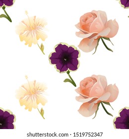 Violet Petunia. Yellow hibiscus. Pink Rose. Vector illustration. Seamless background pattern. Floral botanical flower. Wild leaf wildflower isolated. Exotic tropical hawaiian jungle. Fabric.