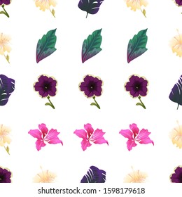 Violet Petunia. Yellow hibiscus. Purple Banana Leaf. Green Dracaena. Pink Bauhinia Purpurea. Vector illustration. Seamless background pattern. Floral botanical flower. Wild leaf wildflower isolated.