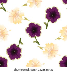Violet Petunia. Yellow hibiscus. Vector illustration. Seamless background pattern. Floral botanical flower. Wild leaf wildflower isolated. Exotic tropical hawaiian jungle. Fabric wallpaper print.