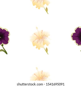 Violet Petunia. Yellow hibiscus. Vector illustration. Seamless background pattern. Floral botanical flower. Wild leaf wildflower isolated. Exotic tropical hawaiian jungle. Fabric wallpaper print.