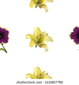 Violet Petunia. Yellow Lilium. Vector illustration. Seamless background pattern. Floral botanical flower. Wild leaf wildflower isolated. Exotic tropical hawaiian jungle. Fabric wallpaper print.