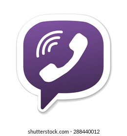 Violet phone handset in speech bubble icon. Vector. Phone icon. Phone bubble. Phone image. Phone handset illustration.