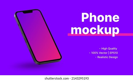 Violet Phone Mockup Design for UI or Application Presentation. Realistic Smartphone in Diagonal Perspective with Gradient Screen. . Vector illustration