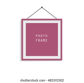 Violet photo frame on gray wall