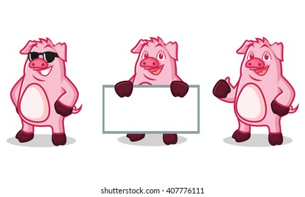 Violet Pig Mascot happy, pose and glasses