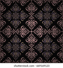 Violet, pink and beige pattern on a black background. Vintage sketch. Elegant retro vector seamless pattern.