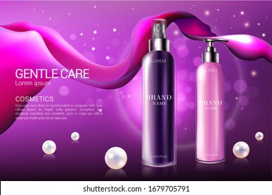 Violet and pink cosmetic bottles realistic vector illustration concept. Mockup at gradient background with light bubbles and flowing fabric. Poster, banner, broshure, composition for promotion