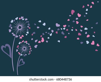 Violet and pink dandelion flowers summer vector card. Heart shaped feather fluff, leaves, abstract flying petals. Meadow blow ball illustration, feelings and relationships concept. Love symbols design