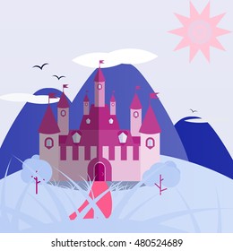 Violet and pink day castle landscape. Nice and simple illustration