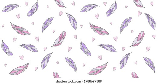 Violet and pink feathers on a white background with small heart. Endless texture with abstract bird feathers. Vector seamless pattern for wallpaper, wrapping paper, packaging, wrapper, surface texture