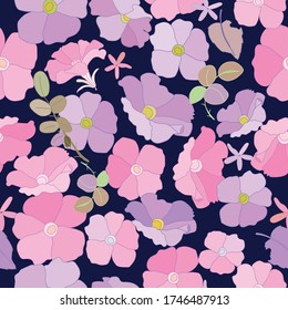 Violet pink flowers dense mix texture, dark background, cottagecore style, from the seamless vector patterns collection Autumn Bouquet.