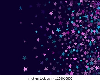 Violet and pink geometric star pattern sparkle vector. Colorful confetti of flying stars, magic geometric sparkles stardust vector background on dark. Party celebration design.