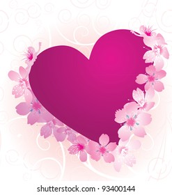 violet and pink heart with blooming cherry tree flowers isolated on white