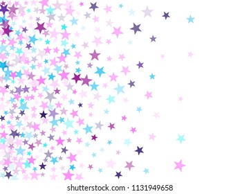 Violet and pink magic stars sparkle texture vector. Stylish colored confetti of flying stars, magic geometric sparkles stardust vector background on white. Holiday party design.