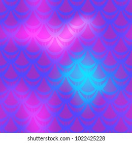Violet pink mermaid vector background. Fish scale pattern. Mermaid seamless pattern tile. Holographic gradient. Electric iridescent texture. Mermaid skin seamless pattern. Mermaid wrapping paper