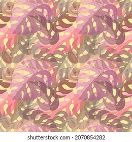 La monastera violeta y rosa deja un patrón irregular sin fisuras. Se repite aleatoriamente la textura floral tropical interminable. Un fondo pastel exótico sin límites. Plantas del paraíso de verano lanzan un nuevo diseño de superficie
