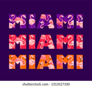 Violet, pink and orange t shirt prints variation Miami lettering with cute pink flamingo