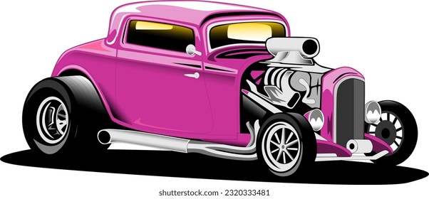 violet pink purple hotrod clasic vintage retro oldschool custom car style wheels engine front side vector illustration