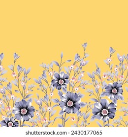 flores de stock de vector sin costura violeta y rosa deja patrón de borde sobre fondo amarillo
