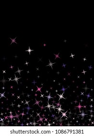 Violet pink silver vector star background sparkle pattern. Minimal colored confetti of flying stars, magic geometric sparkles stardust vector background on black. Carnival party design.