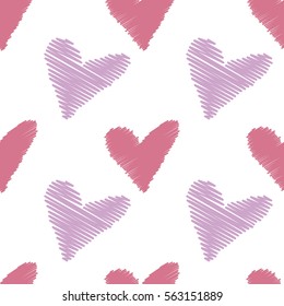 Violet and pink sketch vector hearts pattern isolated on white background.