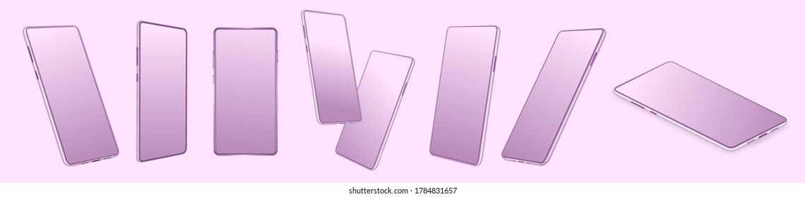 Violet pink smartphone mockup set. Realistic mobile phone gadget with blank screen device. Mockups in different deployed positions - perspective, isometric, side view and frontal. 3D vector cellphones