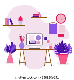  Violet and pink soft flat illustration of working office place desk with tropical flowers in vases with posters and watch on wall and books on shelves. 