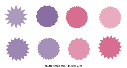Violet, pink starburst, sunburst badges. Nine different color. Simple flat style Vintage labels. Design elements. Colored stickers. A collection of different types and colors icon.