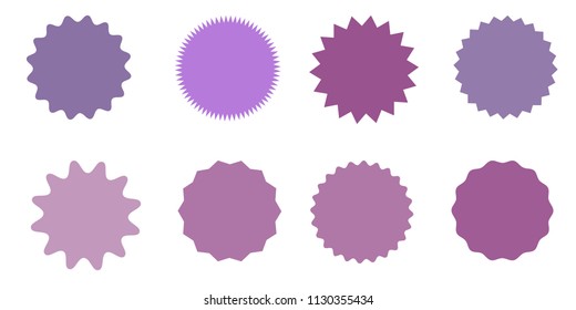 Violet, pink starburst, sunburst badges. Nine different color. Simple flat style Vintage labels. Design elements. Colored stickers. A collection of different types and colors icon.