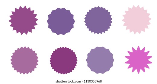 Violet, pink starburst, sunburst badges. Nine different color. Simple flat style Vintage labels. Design elements. Colored stickers. A collection of different types and colors icon.