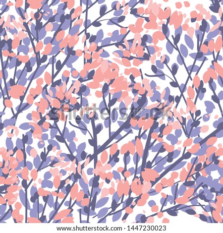 Violet and pink tender branch seamless pattern. Abstract stylized tree foliage for textile, fabric, background, wrapping paper, surface. Vector illustration of natural rapport.