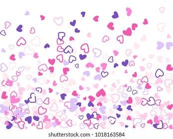 Violet pink Valentine's day scatter of doodle hearts banner or card template. Flying heart confetti vector pattern. Holiday decoration with tenderness symbols confetti flying, love background vector. 