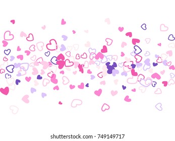Violet pink Valentine's day scatter of doodle hearts banner or card template. Flying heart confetti vector pattern. Holiday decoration with tenderness symbols confetti flying, love background vector. 