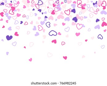 Violet pink Valentine's day scatter of doodle hearts banner or card template. Flying heart confetti vector pattern. Holiday decoration with tenderness symbols confetti flying, love background vector. 