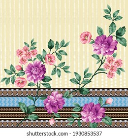 violet and pink vector flowers  with green leaves border pattern on background