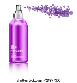 Violet plastic bottle (cosmo round style) with fine mist ribbed sprayer for cosmetic, perfume, deodorant, freshener. Ready for your design. Product packaging collection. Vector illustration. EPS10.