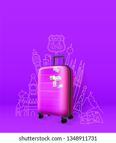 Violet plastic luggage with different famous historical sight of europe. Travel vector illustration