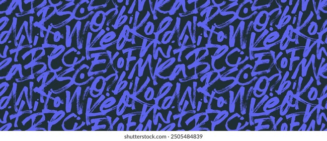 Violet playful brush drawn letters seamless pattern. Hand drawn vector calligraphy background with lilac letters in punk style. Abstract text wallpaper, funky graffiti typography seamless banner.