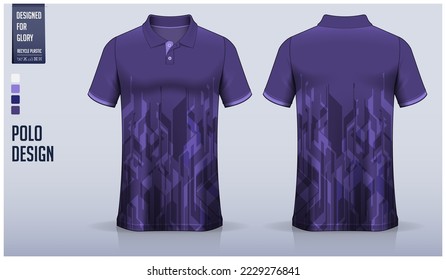 Violet polo shirt mockup template design for soccer jersey, football kit, golf, tennis, sportswear. Geomatic pattern design. Sport uniform in front view, back view. Vector Illustration.