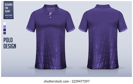 Violet polo shirt mockup template design for soccer jersey, football kit, golf, tennis, sportswear. Abstract pattern design. Sport uniform in front view, back view. Vector Illustration.