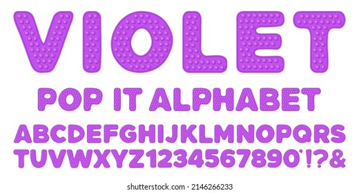 Alfabeto de popit violeta y números establecidos en estilo de juguete de campo. Póngalo a la moda como un juguete de silicona para el fondo en color violeta brillante. Letra de burbuja como popit. Ilustración vectorial de dibujos animados aislados.